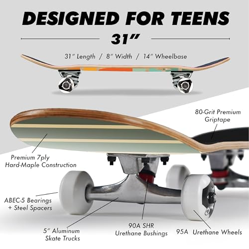 Magneto Complete Skateboard | Maple Wood | ABEC 5 Bearings | Double Kick Concave Deck | Kids Skateboard Cruiser Skateboard | Skateboards for Beginners, Teens & Adults (Free Stickers Included)