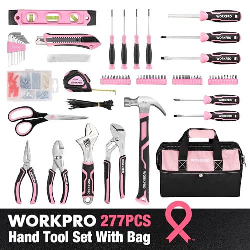 WORKPRO Pink Tool Set, 277 PCS Apartment Essentials Hand Tool Bag Set with 13-Inch Wide Mouth Open Storage Bag, Portable Home Tool Kit Including Hammer, Screwdriver, and Household Tools - Pink Ribbon