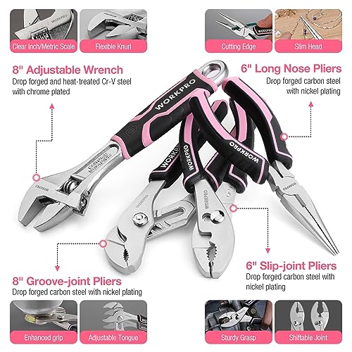 WORKPRO Pink Tool Set, 277 PCS Apartment Essentials Hand Tool Bag Set with 13-Inch Wide Mouth Open Storage Bag, Portable Home Tool Kit Including Hammer, Screwdriver, and Household Tools - Pink Ribbon