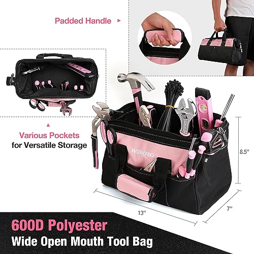 WORKPRO Pink Tool Set, 277 PCS Apartment Essentials Hand Tool Bag Set with 13-Inch Wide Mouth Open Storage Bag, Portable Home Tool Kit Including Hammer, Screwdriver, and Household Tools - Pink Ribbon