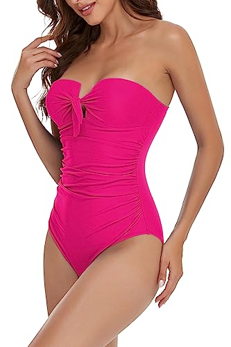 Upopby Women's Bandeau One Piece Swimsuits Tummy Control Bathing Suit for Women Strapless Slimming Push Up Plus Size Swimwear