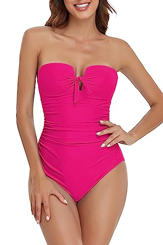 Upopby Women's Bandeau One Piece Swimsuits Tummy Control Bathing Suit for Women Strapless Slimming Push Up Plus Size Swimwear