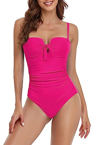 Upopby Women's Bandeau One Piece Swimsuits Tummy Control Bathing Suit for Women Strapless Slimming Push Up Plus Size Swimwear