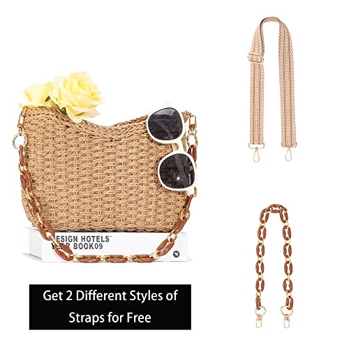 Herald Small Handmade Straw Pocketbook Crossbody Bag for Women, Summer Chic Woven Handbag Shoulder Purse with Chain