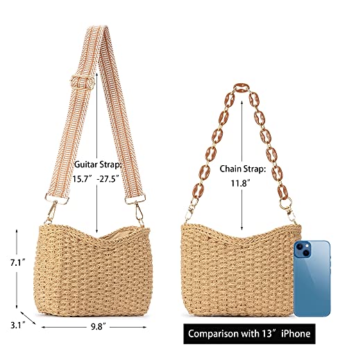 Herald Small Handmade Straw Pocketbook Crossbody Bag for Women, Summer Chic Woven Handbag Shoulder Purse with Chain