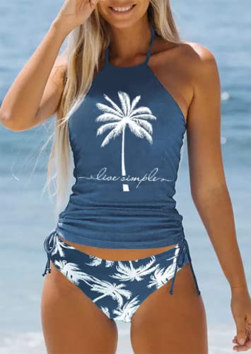 Women's Live Simple Coconut Tree Tankini Set Sexy Halter Neck Backless Swimsuit Drawstring Side Bathing Suit