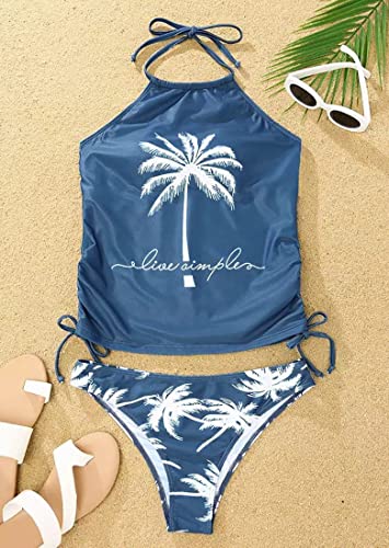 Women's Live Simple Coconut Tree Tankini Set Sexy Halter Neck Backless Swimsuit Drawstring Side Bathing Suit