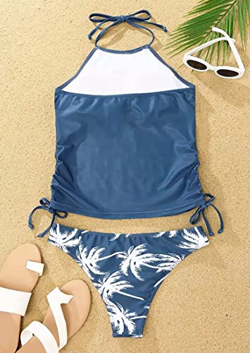 Women's Live Simple Coconut Tree Tankini Set Sexy Halter Neck Backless Swimsuit Drawstring Side Bathing Suit