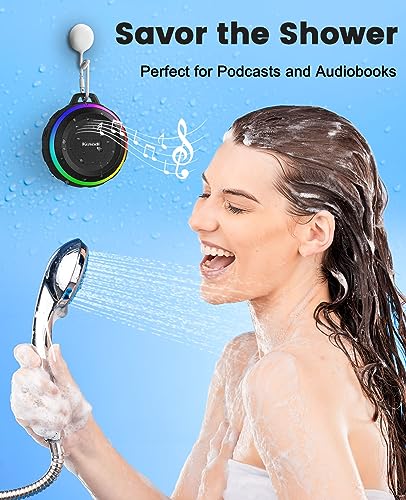 Kunodi Bluetooth Shower Speaker with IPX7 Waterproof, Dynamic Lights, Crisp Clear Sound, True Wireless Stereo, Clip Portable for Pool Beach Boat Kayak Float Golf Gift