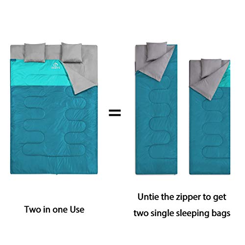 Double Sleeping Bag for Adults with 2 Pillows - Queen Size XL Waterproof Sleeping Bag for All Season Camping Hiking Backpacking 2 Person Sleeping Bags for Cold Weather & Warm