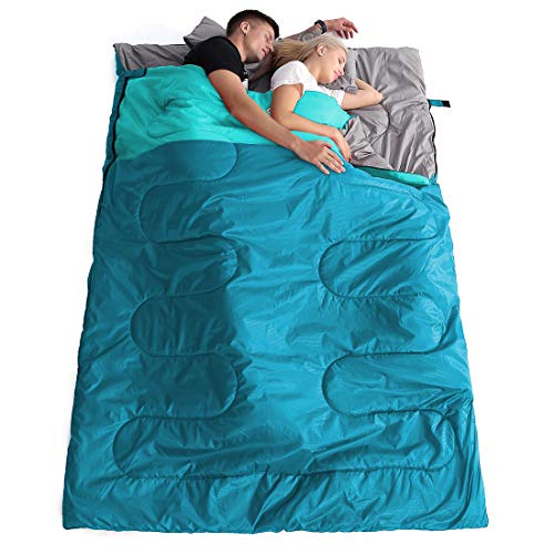 Double Sleeping Bag for Adults with 2 Pillows - Queen Size XL Waterproof Sleeping Bag for All Season Camping Hiking Backpacking 2 Person Sleeping Bags for Cold Weather & Warm