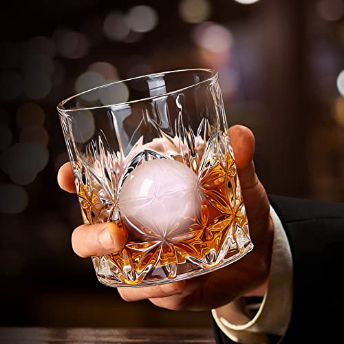 Whiskey Glasses Set of 2, 11 OZ Old Fashioned Glasses with 2 Ice Ball Molds, Bourbon Glasses, Premium Scotch Glasses, Rocks Glasses, Cocktail, Rum Glasses, Whiskey Glasses for Men