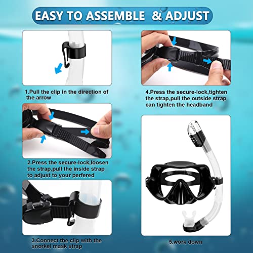 Bairuifu Professional Frameless Mask and Snorkel Set, 180° Panoramic Anti-Leak, Anti-Fog Tempered Glass Lens, Food Grade Silicone Full Dry Top Snorkel Set with Travel Bags