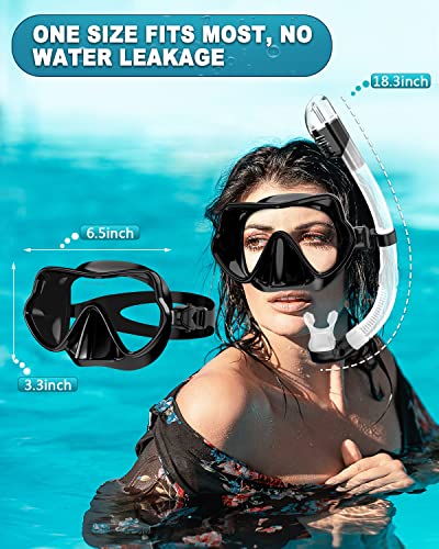 Bairuifu Professional Frameless Mask and Snorkel Set, 180° Panoramic Anti-Leak, Anti-Fog Tempered Glass Lens, Food Grade Silicone Full Dry Top Snorkel Set with Travel Bags