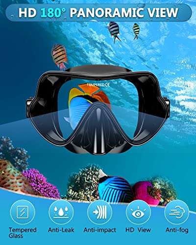 Bairuifu Professional Frameless Mask and Snorkel Set, 180° Panoramic Anti-Leak, Anti-Fog Tempered Glass Lens, Food Grade Silicone Full Dry Top Snorkel Set with Travel Bags