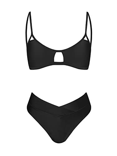 CUPSHE Bikini Set for Women Two Piece Swimsuits Cut Out High Waisted Scoop Neck V Cut Bottom