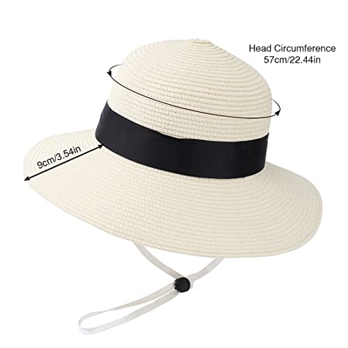 Sun Straw Hat for Women with Wind Lanyard Wide Brim Foldable Beach Summer Hats Womens UV 50+ Protection Bowknot Cap