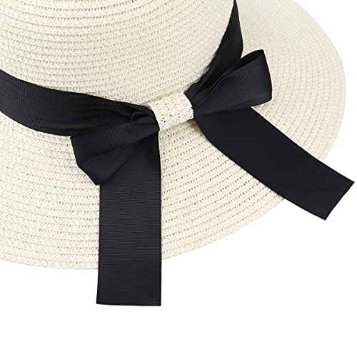 Sun Straw Hat for Women with Wind Lanyard Wide Brim Foldable Beach Summer Hats Womens UV 50+ Protection Bowknot Cap