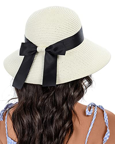 Sun Straw Hat for Women with Wind Lanyard Wide Brim Foldable Beach Summer Hats Womens UV 50+ Protection Bowknot Cap