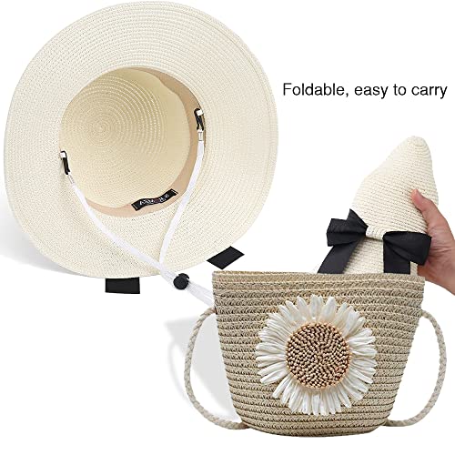 Sun Straw Hat for Women with Wind Lanyard Wide Brim Foldable Beach Summer Hats Womens UV 50+ Protection Bowknot Cap