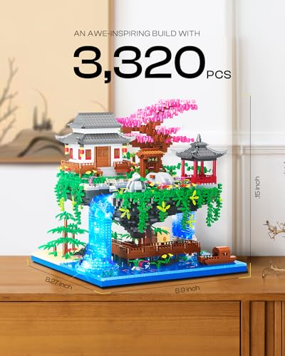 Cherry Bonsai Tree Building Set, Japanese Architecture Building Blocks Set for Adults, Micro Bricks Sakura Tree House Building Kit with Light, Gift for Christmas (3320PCS)