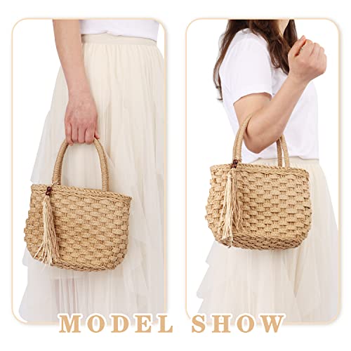 Ynport Straw Handbag Tote for Women Summer Beach Drawstring Rattan Bucket Bag Handmade Woven Hobo Shopping Purse