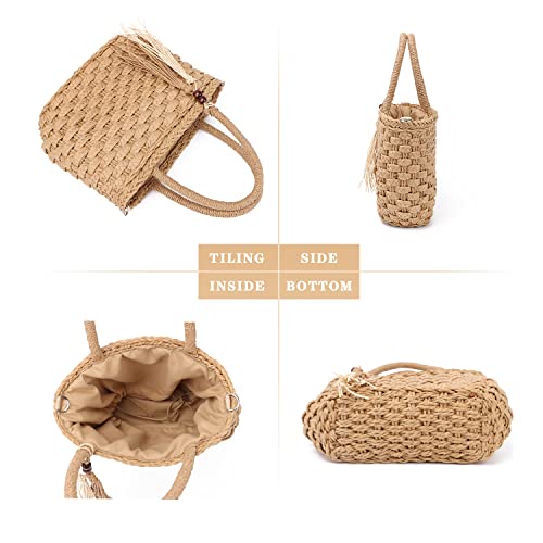 Ynport Straw Handbag Tote for Women Summer Beach Drawstring Rattan Bucket Bag Handmade Woven Hobo Shopping Purse