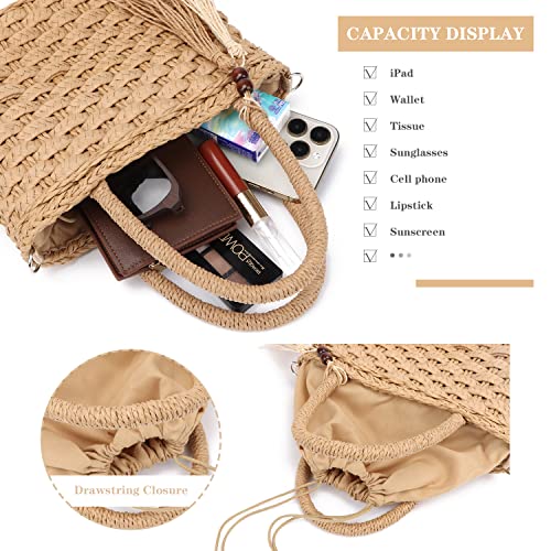 Ynport Straw Handbag Tote for Women Summer Beach Drawstring Rattan Bucket Bag Handmade Woven Hobo Shopping Purse