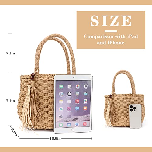 Ynport Straw Handbag Tote for Women Summer Beach Drawstring Rattan Bucket Bag Handmade Woven Hobo Shopping Purse