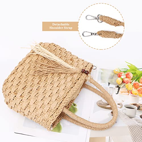 Ynport Straw Handbag Tote for Women Summer Beach Drawstring Rattan Bucket Bag Handmade Woven Hobo Shopping Purse