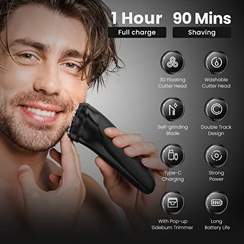 3D Electric Shaver Rotary Shavers,Electric Razor for Men,Rechargeable Electric Razor Shaving Machines, with Pop-up Trimmer,1 Hour Fast Charging,90-Min Shaving,3D Floating Head, LCD Power Indicator