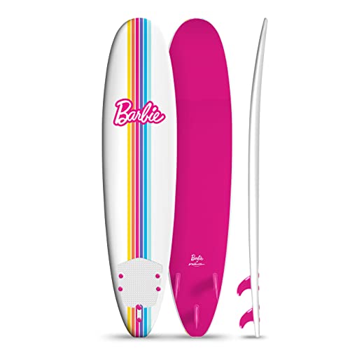 Barbie™ Signature 8ft Surfboard by Wavestorm | Graphic top Deck with high Density Slick Bottom | for Kids and Adults |Foam Construction with Accessories | Leg Leash and Fin Set Included,White