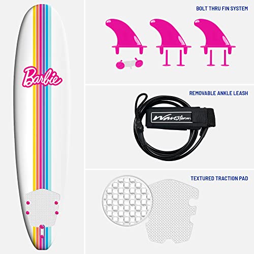 Barbie™ Signature 8ft Surfboard by Wavestorm | Graphic top Deck with high Density Slick Bottom | for Kids and Adults |Foam Construction with Accessories | Leg Leash and Fin Set Included,White