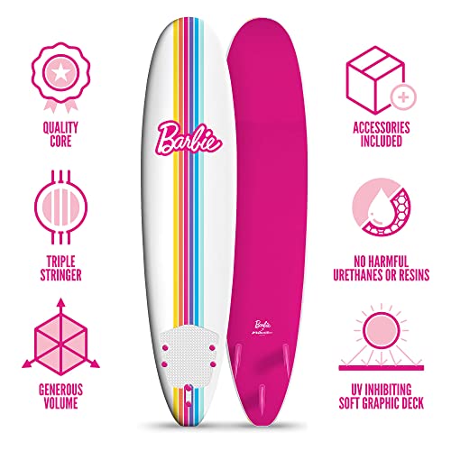 Barbie™ Signature 8ft Surfboard by Wavestorm | Graphic top Deck with high Density Slick Bottom | for Kids and Adults |Foam Construction with Accessories | Leg Leash and Fin Set Included,White