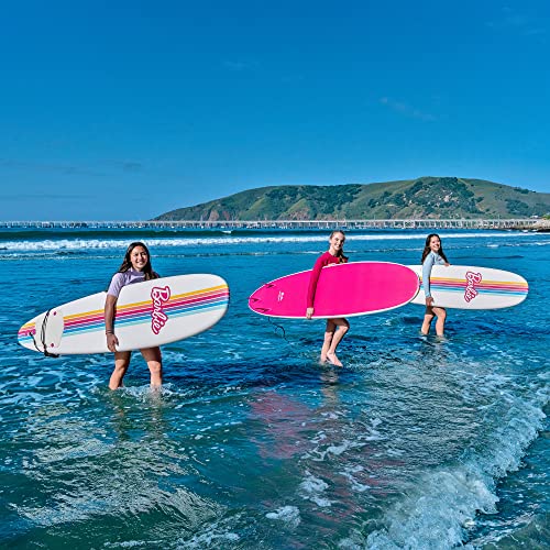 Barbie™ Signature 8ft Surfboard by Wavestorm | Graphic top Deck with high Density Slick Bottom | for Kids and Adults |Foam Construction with Accessories | Leg Leash and Fin Set Included,White