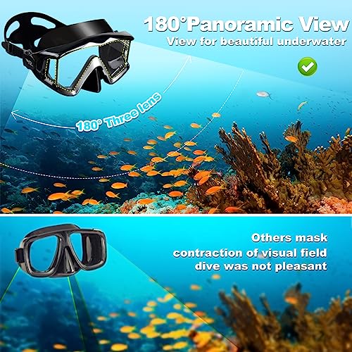 Adult Pano 3 Window Scuba Diving Mask, Tempered Glass Snorkel Mask Anti-Fog Swim Mask No Leakage Swim Goggles with Nose Cover Snorkeling Gear for Snorkeling, Freediving, Swimming