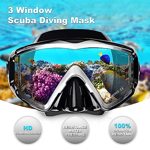 Adult Pano 3 Window Scuba Diving Mask, Tempered Glass Snorkel Mask Anti-Fog Swim Mask No Leakage Swim Goggles with Nose Cover Snorkeling Gear for Snorkeling, Freediving, Swimming