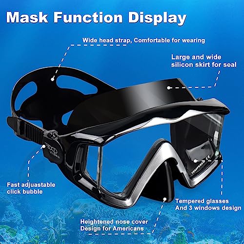 Adult Pano 3 Window Scuba Diving Mask, Tempered Glass Snorkel Mask Anti-Fog Swim Mask No Leakage Swim Goggles with Nose Cover Snorkeling Gear for Snorkeling, Freediving, Swimming