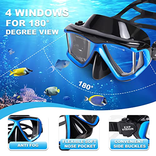 Snorkel Set Pano 4 Adult Snorkeling Gear, Professional Anti-Fog Snorkel Mask Dry Top Snorkel, Tempered Glass Scuba Diving Mask for Freediving, Snorkeling and Swimming