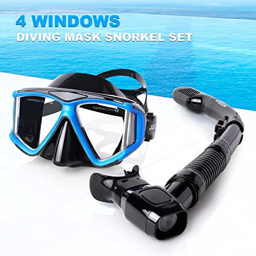 Snorkel Set Pano 4 Adult Snorkeling Gear, Professional Anti-Fog Snorkel Mask Dry Top Snorkel, Tempered Glass Scuba Diving Mask for Freediving, Snorkeling and Swimming