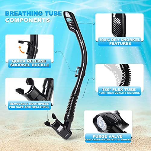 Snorkel Set Pano 4 Adult Snorkeling Gear, Professional Anti-Fog Snorkel Mask Dry Top Snorkel, Tempered Glass Scuba Diving Mask for Freediving, Snorkeling and Swimming