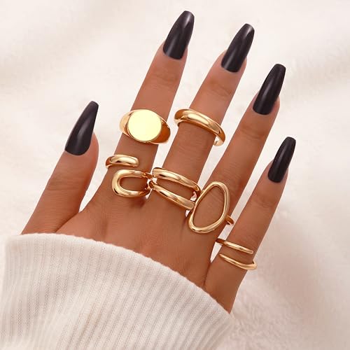 FAXHION 12PCS Gold Stackable Rings Set for Women, 18K Gold Plated Open Stacking Knuckle Ring, Adjustable Chunky Signet Band Ring for Gift