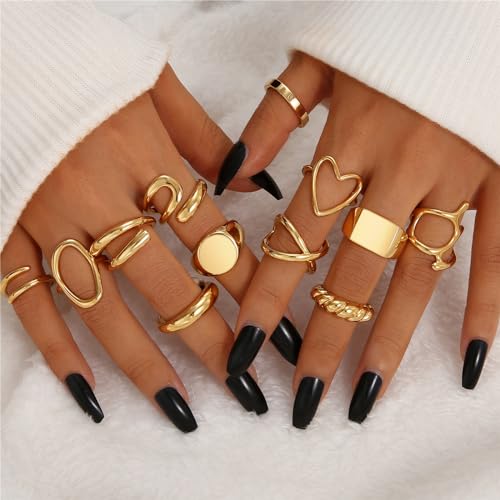 FAXHION 12PCS Gold Stackable Rings Set for Women, 18K Gold Plated Open Stacking Knuckle Ring, Adjustable Chunky Signet Band Ring for Gift