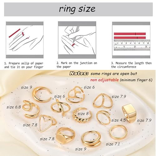 FAXHION 12PCS Gold Stackable Rings Set for Women, 18K Gold Plated Open Stacking Knuckle Ring, Adjustable Chunky Signet Band Ring for Gift