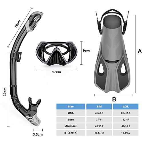 Mask Fin Snorkel Set, Snorkeling Gear for Adults with Panoramic View Mask, Dry Top Snorkel, Adjustable Swim Fins and Travel Bag, Man Woman Snorkel Gear for Swimming Snorkeling Diving