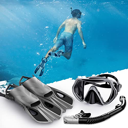 Mask Fin Snorkel Set, Snorkeling Gear for Adults with Panoramic View Mask, Dry Top Snorkel, Adjustable Swim Fins and Travel Bag, Man Woman Snorkel Gear for Swimming Snorkeling Diving