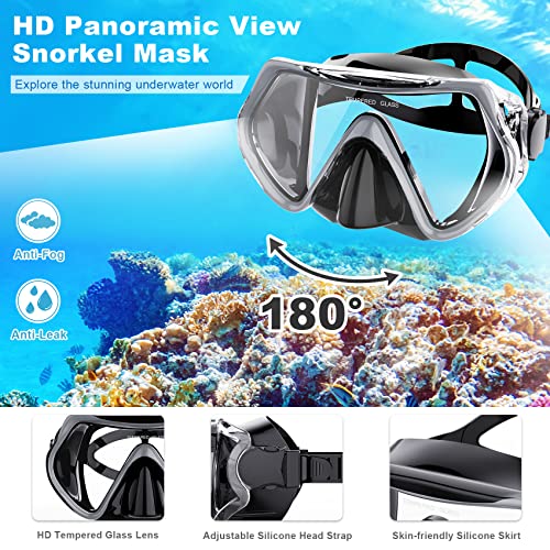 Mask Fin Snorkel Set, Snorkeling Gear for Adults with Panoramic View Mask, Dry Top Snorkel, Adjustable Swim Fins and Travel Bag, Man Woman Snorkel Gear for Swimming Snorkeling Diving