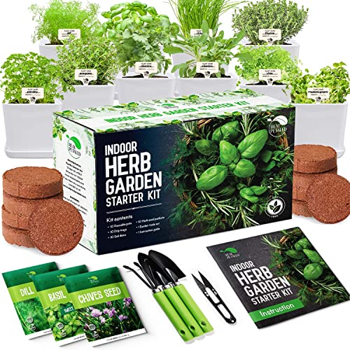 REALPELATED Indoor Herb Garden Kit 10 Non-GMO Herbs- Window Herb Garden Kit with 10 Reusable Pots, Herbs, Drip Trays, Soil Discs - Window Plant Growing Kit - Kitchen Herb Garden Kit Herb Garden Gift