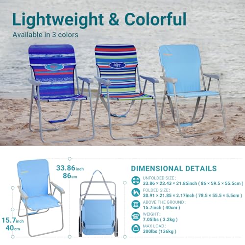 #WEJOY Folding Beach Chair for Adults, Lightweight Beach Chair with Shoulder Straps, High Back Beach Chairs with Hard Armrest, Supports 300lbs for Beach Lawn Concert, Cyan