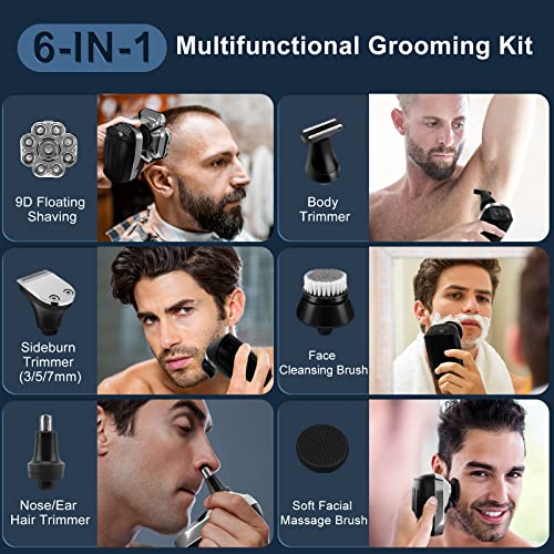 Head Shaver for Bald Men, 6 in 1 Electric Shavers IPX6 Waterproof Mens Electric Razor with LED Display, Wet/Dry Mens Grooming Kit, Rechargeable Rotary Shaver Multifunctional Beard Hair Trimmer